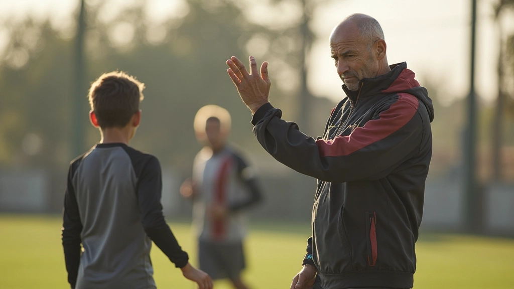 مدرب كرة قدم يوضح الوضعية الصحيحة للتصويب للاعبين في الملعب