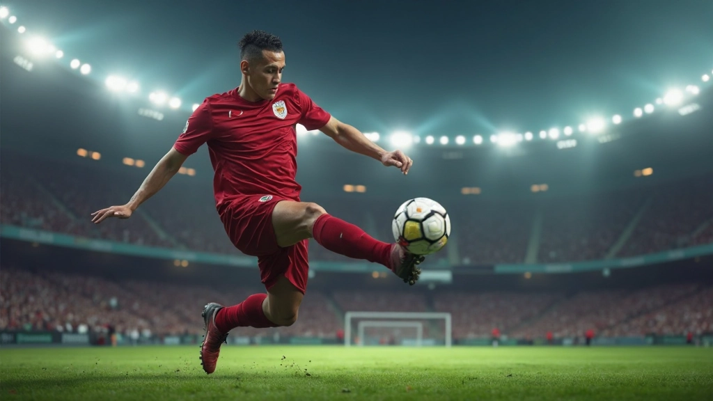 لاعب كرة قدم محترف يقوم بتصويب قوي نحو المرمى في ملعب حديث