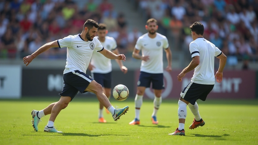 لاعبان يمرران الكرة بدقة خلال تمرين تدريبي في الملعب