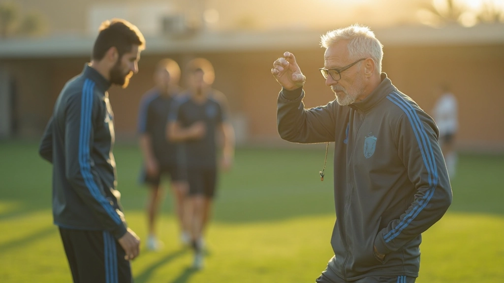 مدرب كرة قدم يوجه اللاعبين خلال جلسة تدريبية احترافية في الملعب