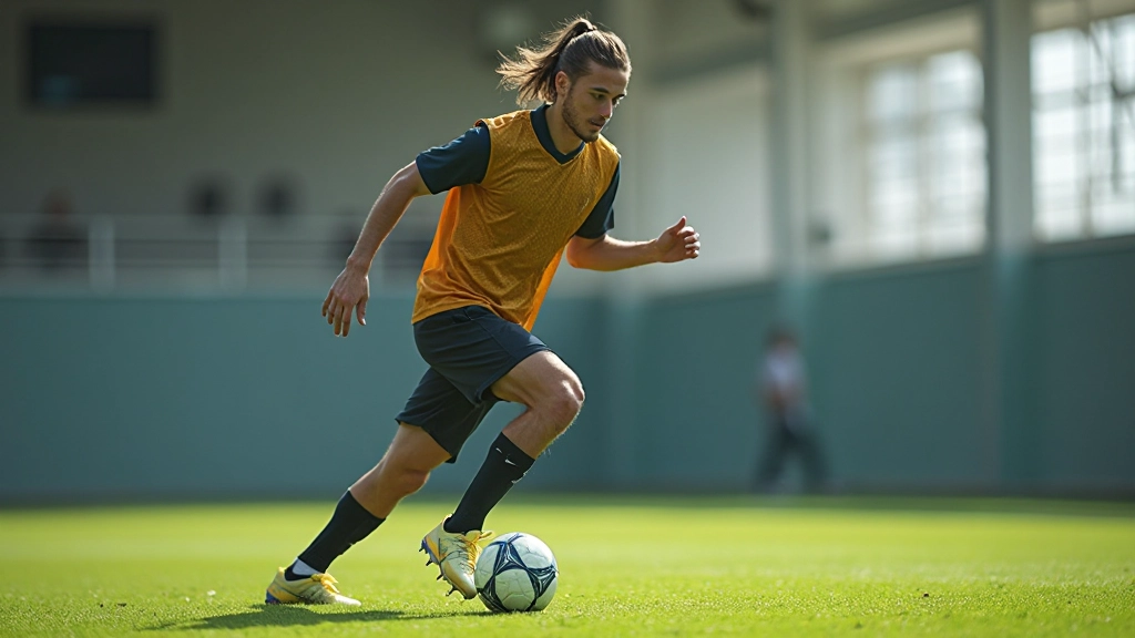 لاعب كرة قدم يمارس تقنية التحكم بالكرة الأساسية بمهارة عالية