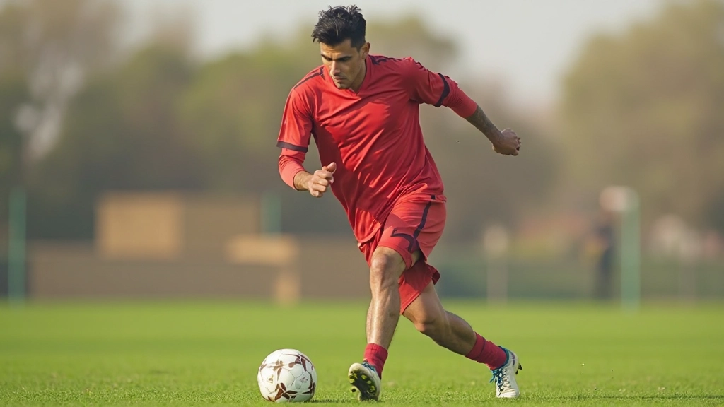 لاعب يمارس تمارين التحكم بالكرة في ملعب التدريب